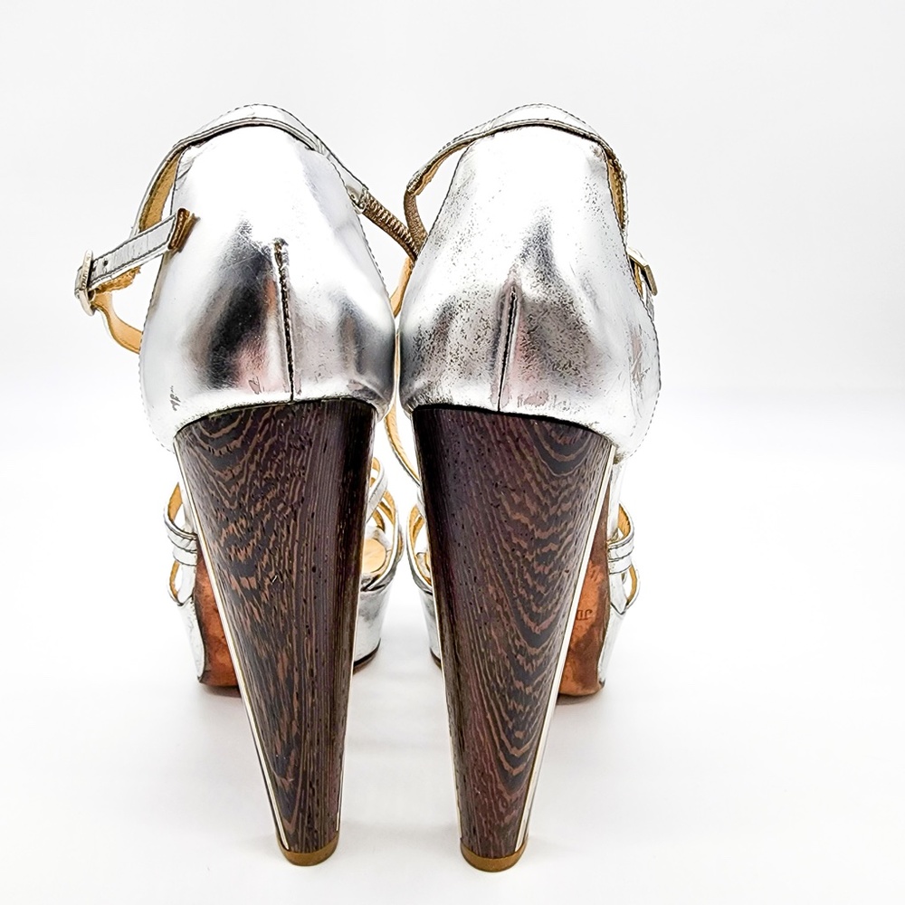 💝SOLD💟 JIMMY CHOO Platform Metallic Silver Ankle Strap High-Heel Shoes Size 8 - Picture 4 of 8